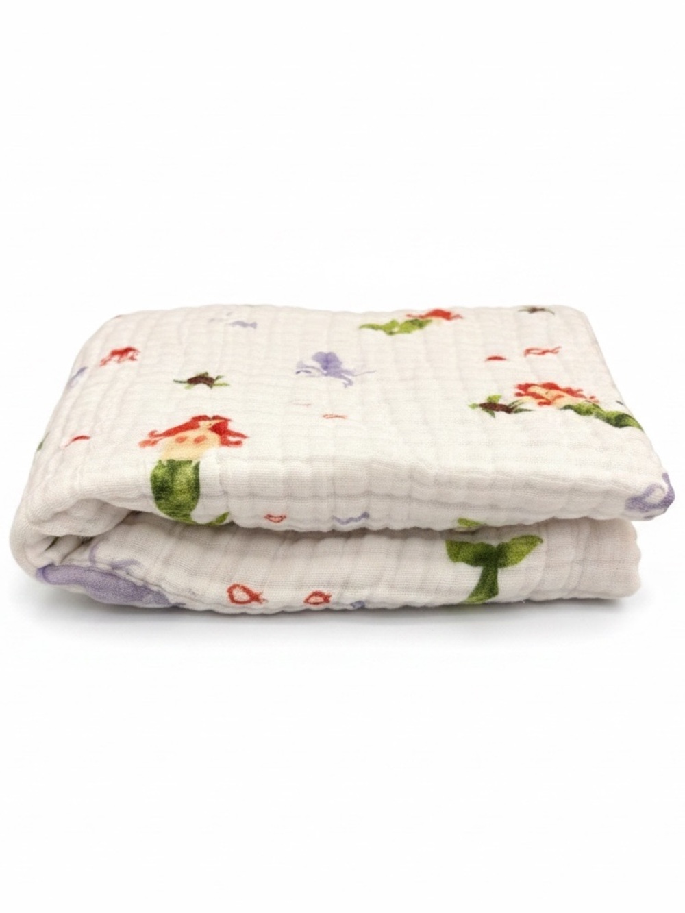 Floral White Muslin Throw Blanket with Green & Red Accents